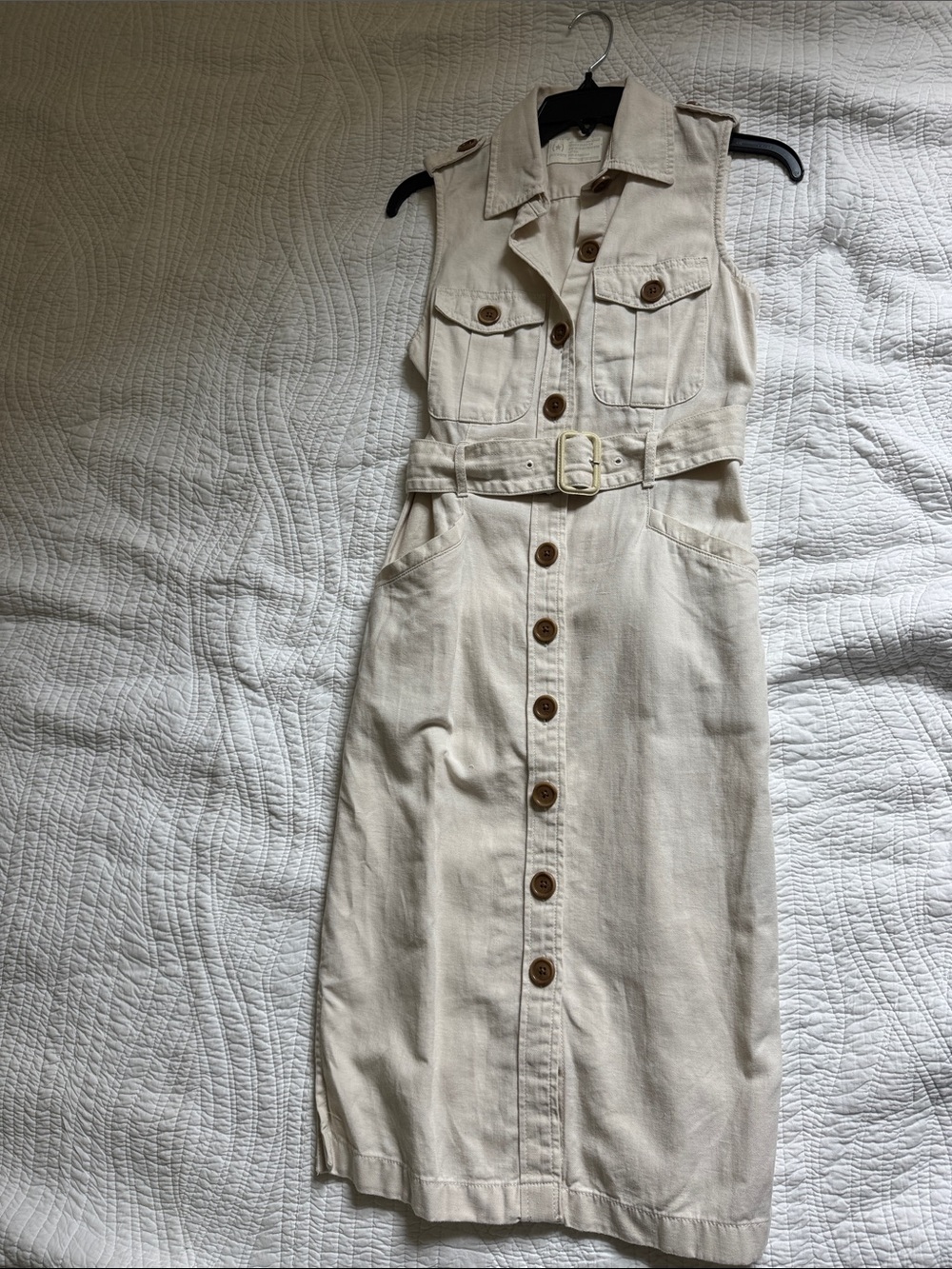 Sleeveless Button-Front Cream Utility Dress with Belt